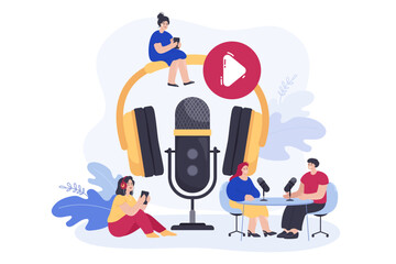 People listening podcast flat vector illustration. Tiny man and woman sitting at table, speaking into microphone, recording podcast in background of huge headset. Radio, broadcasting concept