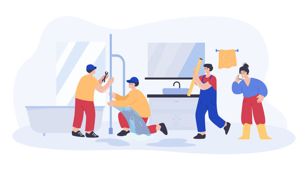 Help from team of plumbers to fix leaking pipe in home bathroom. Male workers with mechanic tools fixing problem, woman calling repair service on phone flat vector illustration. Plumbing concept