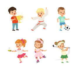 Pretty Little Boy and Girl Playing Sport Game Like Football, Golf, Roller Skating, Tennis and Karate Vector Set