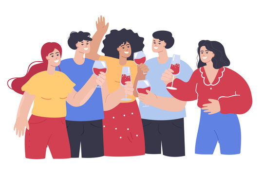 Happy friends drinking alcohol flat vector illustration. Group of cute joyful teenagers with cocktails at party, smiling, celebrating, having fun together, clinking glasses. Friendship, cheers concept