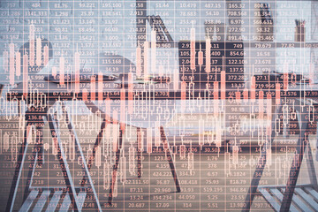 Multi exposure of stock market chart drawing and office interior background. Concept of financial...