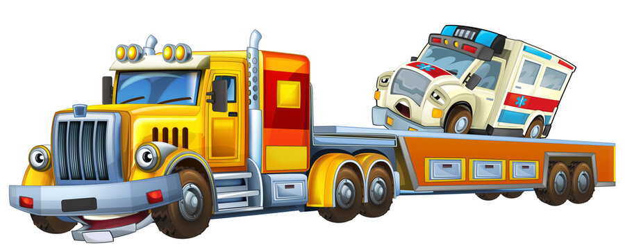 cartoon tow truck driving with load ambulance car