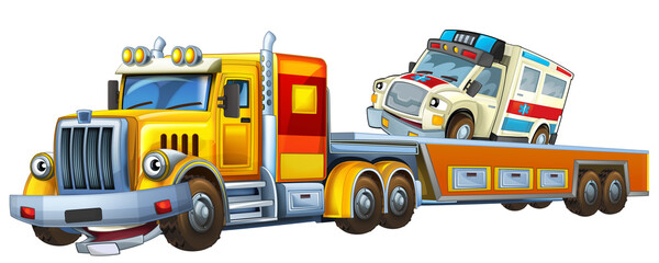 Fototapeta na wymiar cartoon tow truck driving with load ambulance car