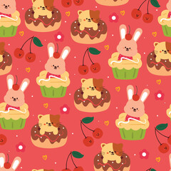 Obraz premium seamless pattern cartoon bunny and cat with cupcake and doughnut. cute animal wallpaper for textile, gift wrap paper