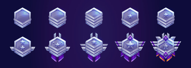 Set of game rank icons isolated on dark blue background. Collection of hexagonal silver, platinum or steel medals decorated with shiny metal stars and wings. Level trophy badges. Vector illustration - obrazy, fototapety, plakaty