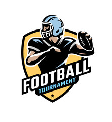 Logo, emblem with an American football player and the inscription Football tournament. Vector illustration.