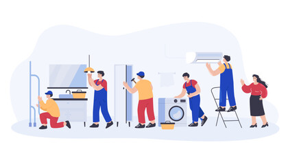 Woman using service husband for hour flat vector illustration. Electrician fixing lamp, plumber renovating washing machine, worker repairing air conditioning at clients home. Repair service concept
