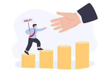 Extending helping hand to businessman flat vector illustration. Tiny man in official suit or customer with help sign accepting assistance. Rescue, emergency, solidarity concept