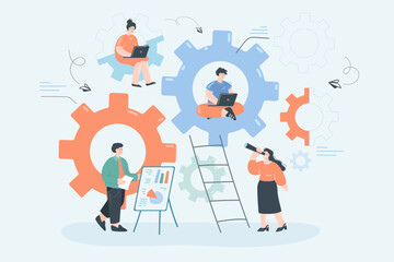 Team of business people working with mechanism full of gears. Engineering teamwork of tiny male and female partners on company organization flat vector illustration. Management, research concept