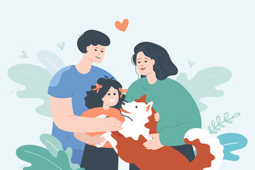 Happy mother, father and daughter adopting stray dog. Family hugs of kind man, woman, child and best friend flat vector illustration. Pet adoption, charity, human help and care to animal concept