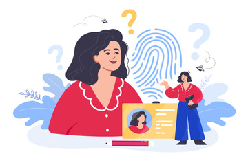 Tiny woman standing near id card flat vector illustration. Fingerprint in background. Business identification card for entering office. Personality, personal identity, safety concept