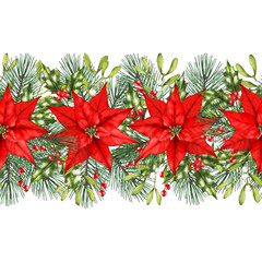 Poinsettia christmas border png. Christmas garland red poinsettia. Christmas greenery seamless border. 