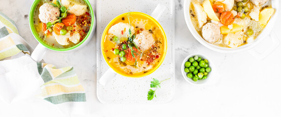 Banner. Spring soup with meatballs and vegetables.