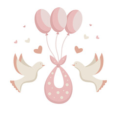 Baby girl card. Greeting card Welcome baby. It's a girl. Vector of cradle and pigeons. Welcome template for girl. Cartoon flat illustration.