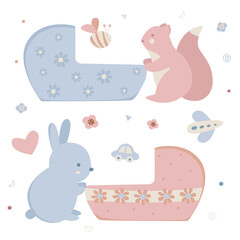 Welcome baby. Set of cute baby objects and animals in a minimalistic flat style. Vector illustration Cartoon kid clipart. Rabbit rocks the cradle