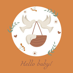 Greeting card hello baby. Baby Shower invite banner. Cute birthday party background. Welcome template. Happy greeting poster with newborn kid. Cartoon flat illustration.