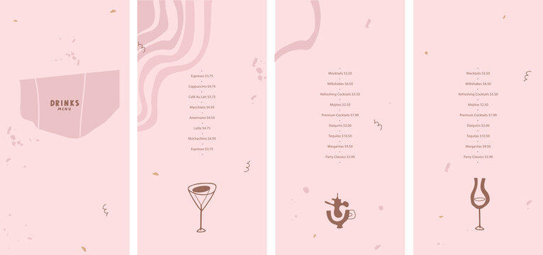 Drinks menu. Vector template. Minimalism style. Abstract forms, stylized images of glasses for rose and red wine, martini, coffee and tea. Lines, terrazzo, grunge. Pink pastel color. List, flyer