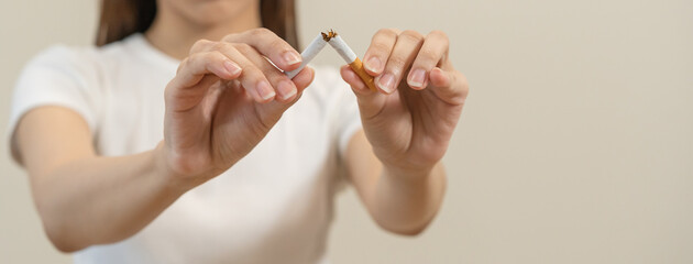 Quit, stop smoking, addiction asian young woman, girl refusing cigarette, smoker quitting smoke,...