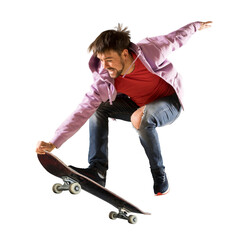 Skateboarder doing a jumping trick. Isolated - obrazy, fototapety, plakaty