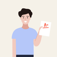 Happy student holding excellent grading exam paper. Smiling Child boy with high score result. Education, success, knowledge, School learning concept. Flat cartoon vector isolated illustration.