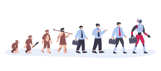 Human evolution from monkey to cyborg flat vector illustration. Caveman in animal skin, businessman in virtual reality glasses and robot standing in line. Anthropology, ancestor, history concept