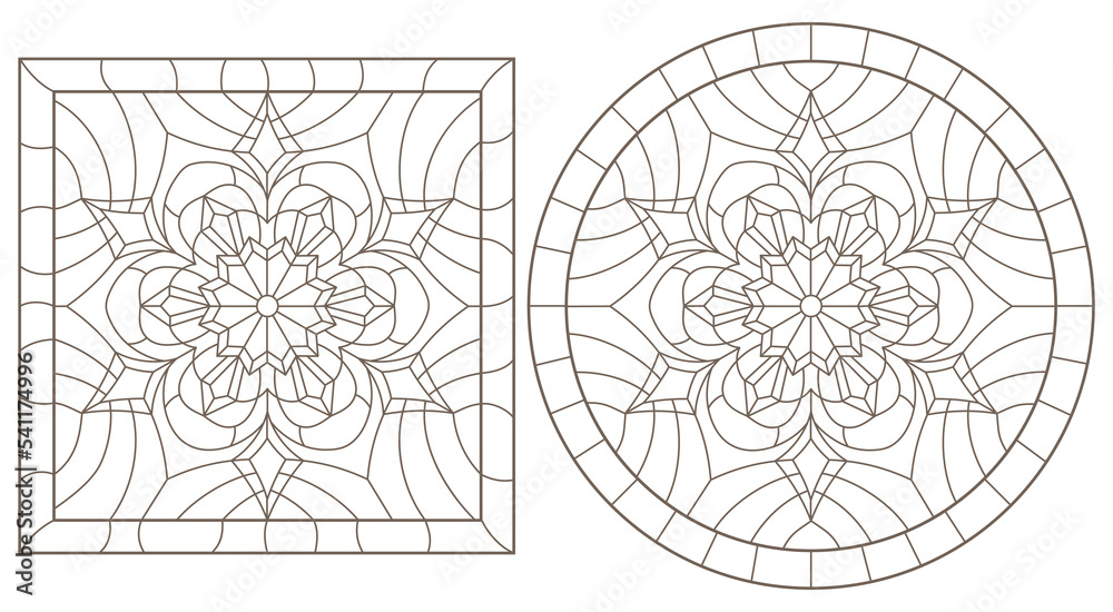 Wall mural Set of contour illustrations in the stained glass style with snowflakes, round and square images, dark contours on a white background