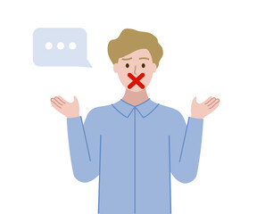 Confused Man cannot speak and keep silence. Boy with Red Cross Mark on mouth. Censorship, speech freedom, idea concepts. Flat cartoon vector illustration Isolated on white background.