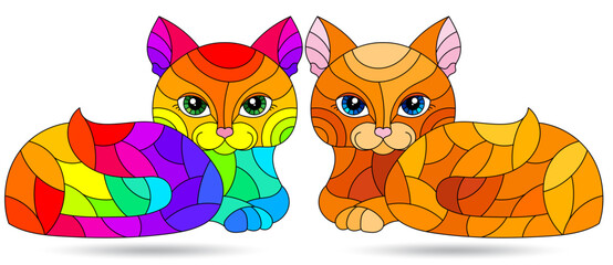 Set of stained glass elements with bright cats , isolated images on white background