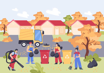 Team of janitors cleaning dirt from city road. Male and female workers vacuuming autumn leaves with vacuum cleaner, sweeping with broom, holding garbage bags flat vector illustration. Cleanup concept