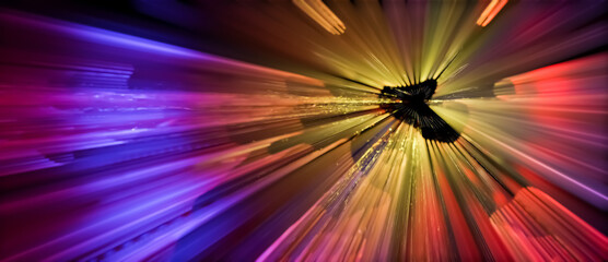 Abstract 3D illustration of glowing bright purple yellow red neon light streaks in motion. Visualization of data transfer, rapid movement or cyberspace on black background