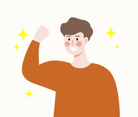 Happy Strong man showing muscles arms biceps. Smiling boy with healthy body. Exercise, Healthcare, leisure, sport activity, positive lifestyle concept. Flat cartoon vector design illustration.