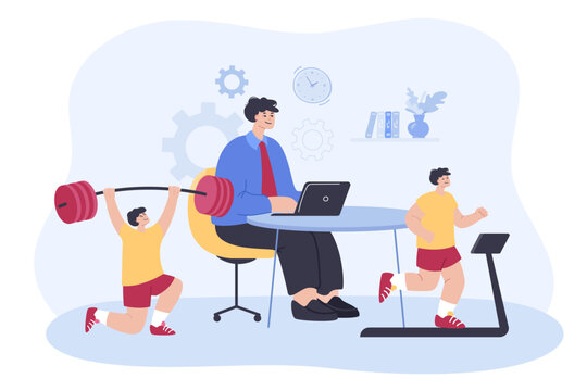Businessman working and doing exercises at workplace. Man in official suit sitting at table, looking at laptop screen, jogging on treadmill flat vector illustration. Sport, healthy lifestyle concept