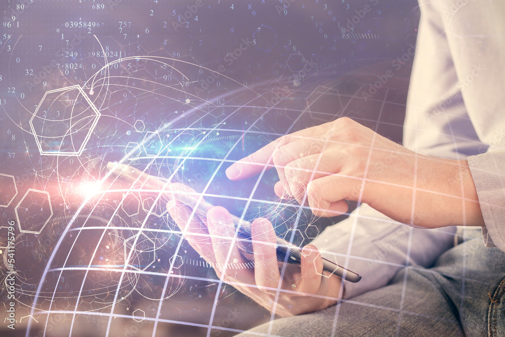Poster multi exposure of man's hands holding and using a digital device and map drawing. international busi