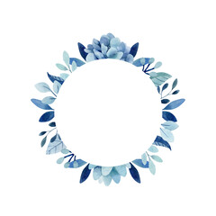 Watercolor round frame with blue rose, succulent and greenery clipart for greeting cards and wedding invitations. Romantic gentle template with indigo blue flowers, branches and leaves.