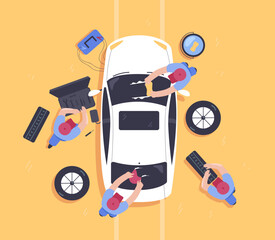 Repair and maintenance of car by team of mechanics. Male professional auto service workers working on garage station, top view flat vector illustration. Automobile diagnostics, teamwork concept