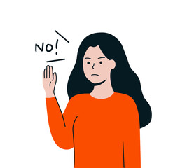 Young woman raising hand Gesture. Girl showing sign of rejection. Refusal, denial, stop and negation concepts. Flat design cartoon character vector design isolated illustrations.