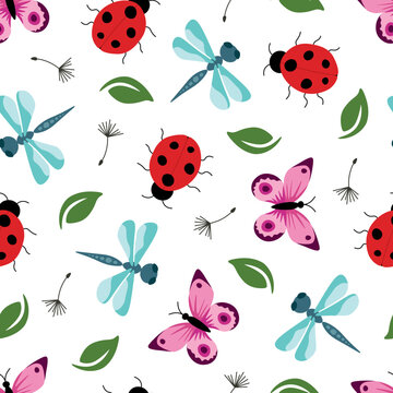 Seamless pattern with insects on a black background. Vector illustration with ladybugs, butterflies and dragonflies. Trendy botanical illustration.
