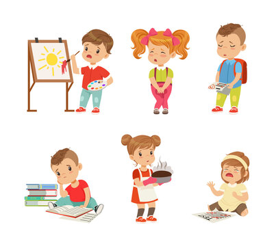 Frustrated Kids Experiencing Their Failures and Mistakes Vector Set
