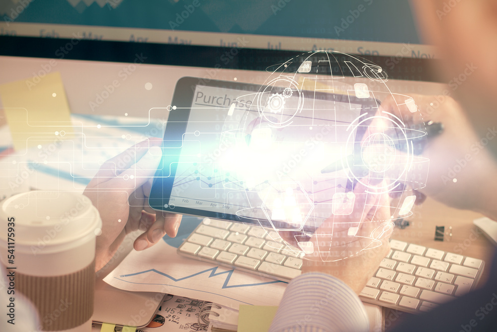 Poster double exposure of man's hands holding and using a phone and social network theme drawing.