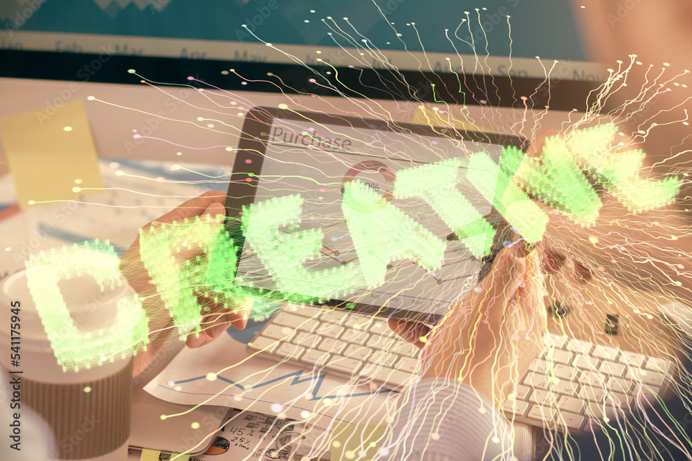 Poster double exposure of man's hands holding and using a mobile device and creative hologram drawing.