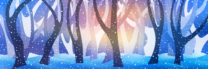 Stylized winter forest, bright festive background, panoramic view, vector illustration