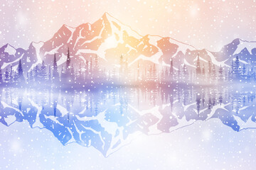 Fairy mountains are reflected in the water, winter landscape, snowfall and bokeh effect