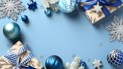 Blue and silver Christmas ornaments with gift boxes on blue background. Winter holidays, Christmas,...