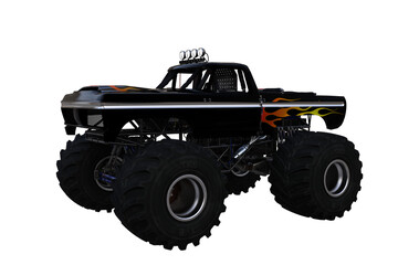3D rendering of a black monster truck with painted flames on the body. © IG Digital Arts