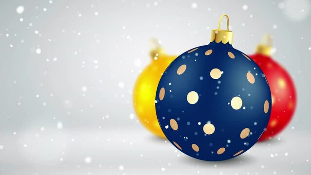 Winter, New Year, Christmas animation scene. Snow falling, color snow balls. 4K. Seamless loop.