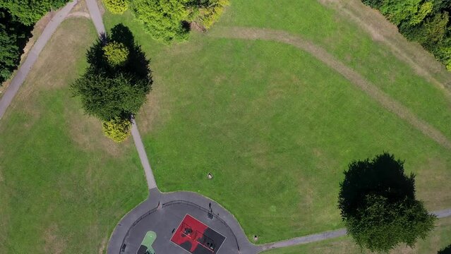 of a British park in the village of Wortley in Leeds, showing a top down view of the public part on a sunny day in the summer time