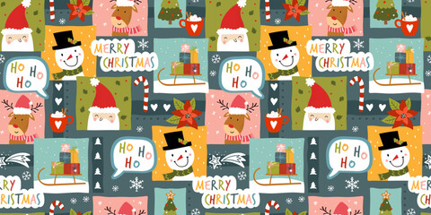 Colorful christmas seamless pattern, cute characters and decoration, great for wrapping paper, textiles, banners, wallpapers - vector design