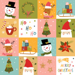 Colorful christmas seamless pattern, cute characters and decoration, great for wrapping paper, textiles, banners, wallpapers - vector design