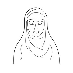Arabic girl in traditional dress is hand drawn. Linear illustration of an Arab girl with closed eyes. Woman in hijab illustration isolated on white background. Vector drawing of a Muslim woman. vector