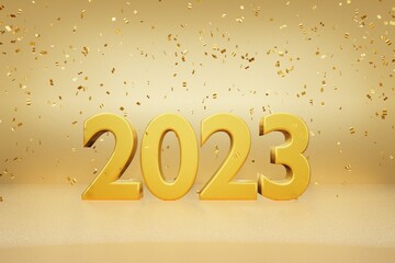 2023 happy new year gold luxury confetti with golden background 3d rendering for Christmas and happy new year